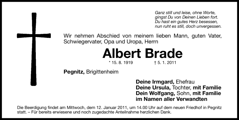  Traueranzeige für Albert Brade vom 08.01.2011 aus Nürnberger Nachrichten
