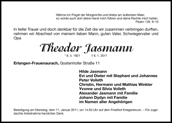 Traueranzeige von Theodor Jasmann von Nürnberger Nachrichten