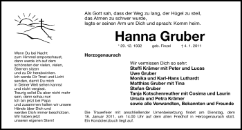 Traueranzeige von Hanna Gruber von Nürnberger Nachrichten