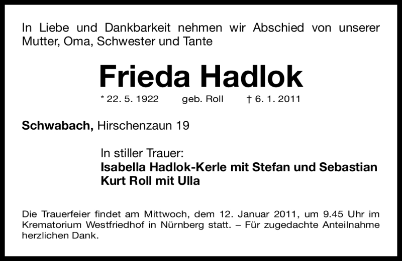  Traueranzeige für Frieda Hadlock vom 10.01.2011 aus Nürnberger Nachrichten