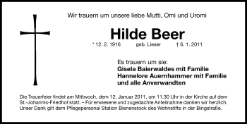 Traueranzeige von Hilde Beer von Nürnberger Nachrichten