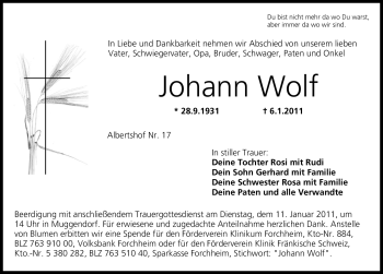 Traueranzeige von Johanna Wolf von Nürnberger Nachrichten