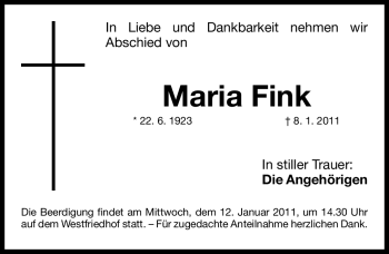 Traueranzeige von Maria Fink von Nürnberger Nachrichten