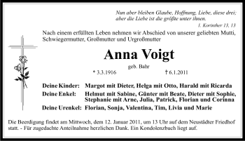 Traueranzeige von Anna Voigt von Nürnberger Nachrichten