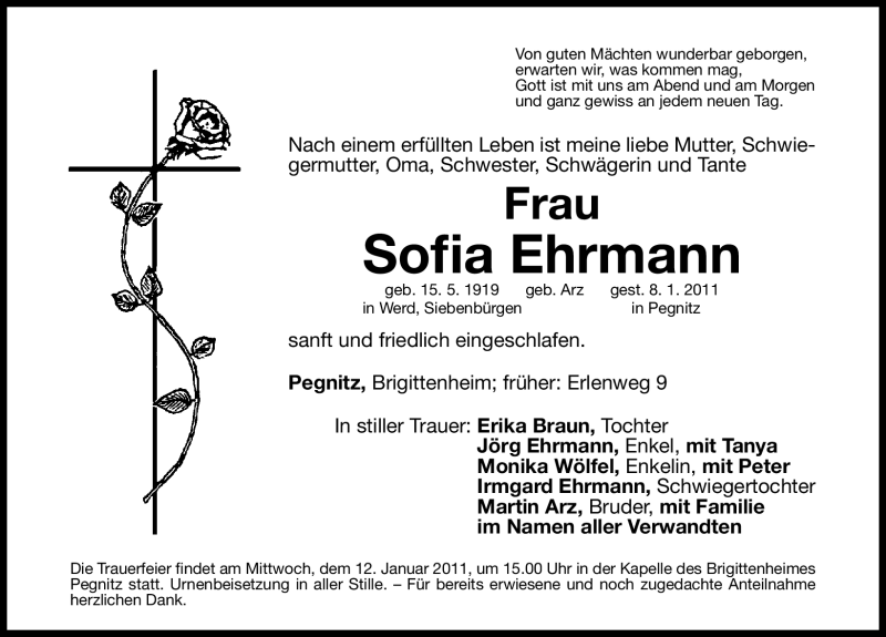  Traueranzeige für Sofia Ehrmann vom 10.01.2011 aus Nürnberger Nachrichten