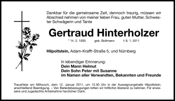 Traueranzeige von Gertraud Hinterholzer von Nürnberger Nachrichten