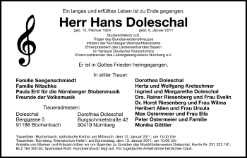 Traueranzeige von Hans Doleschal von Nürnberger Nachrichten