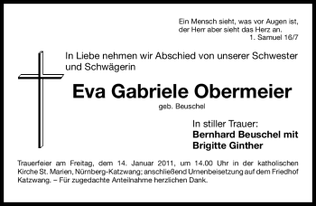 Traueranzeige von Eva Gabriele Obermeier von Nürnberger Nachrichten
