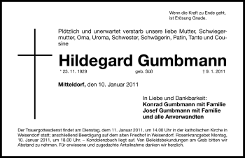 Traueranzeige von Hildegard Gumbmann von Nürnberger Nachrichten