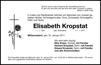 Traueranzeige von Elisabeth Kropstat von Nürnberger Nachrichten