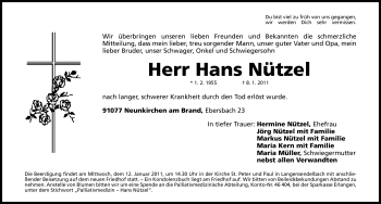 Traueranzeige von Hans Nützel von Nürnberger Nachrichten