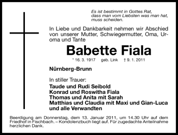 Traueranzeige von Babette Fiala von Nürnberger Nachrichten