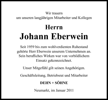 Traueranzeige von Johann Eberwein von Nürnberger Nachrichten