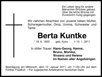 Traueranzeige von Bertha Kuntke von Nürnberger Nachrichten