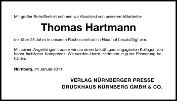 Traueranzeige von Thomas Hartmann von Nürnberger Nachrichten