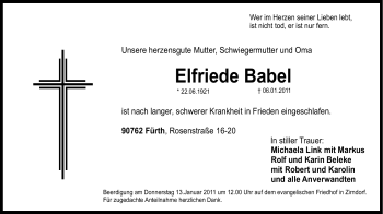 Traueranzeige von Elfriede Babel von Nürnberger Nachrichten