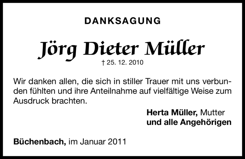  Traueranzeige für Jörg Dieter Müller vom 12.01.2011 aus Nürnberger Nachrichten
