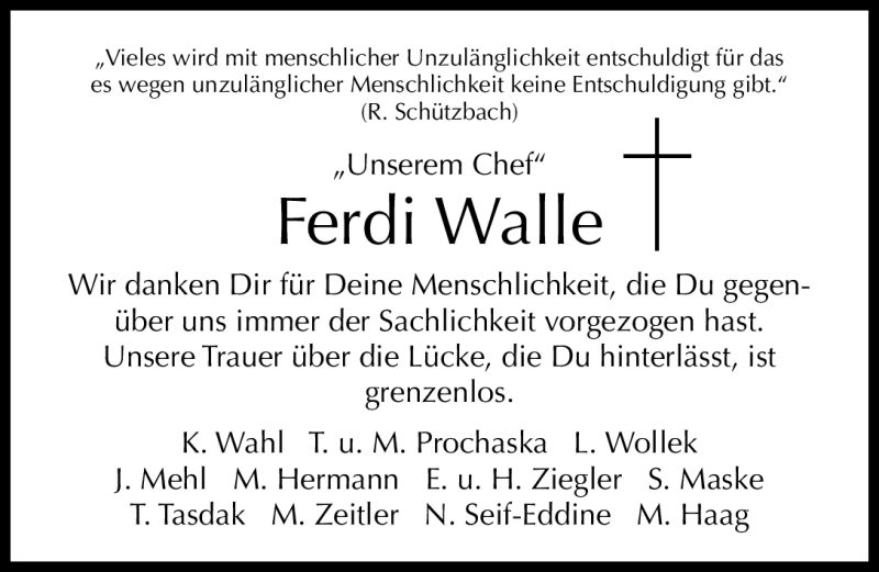  Traueranzeige für Ferdi Walle vom 12.01.2011 aus Nürnberger Nachrichten