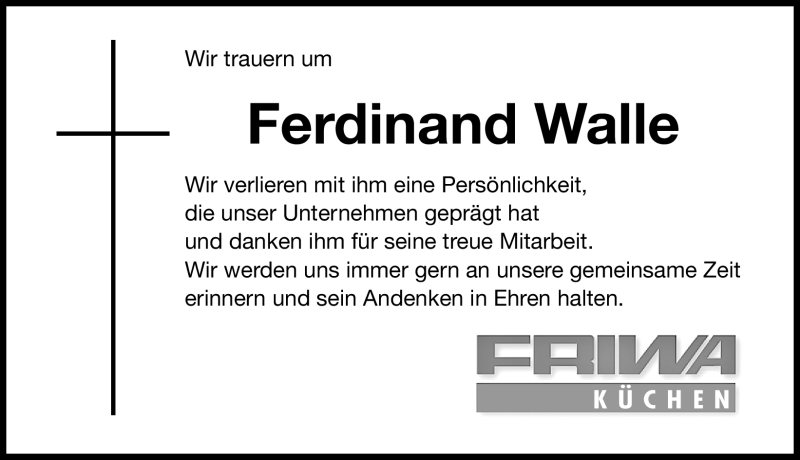  Traueranzeige für Ferdinad Walle vom 12.01.2011 aus Nürnberger Nachrichten