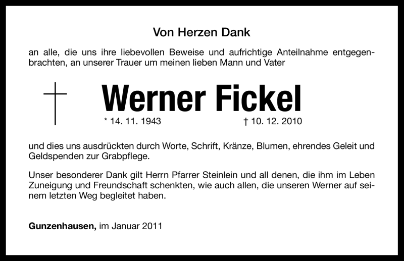  Traueranzeige für Werner Fickel vom 12.01.2011 aus Nürnberger Nachrichten