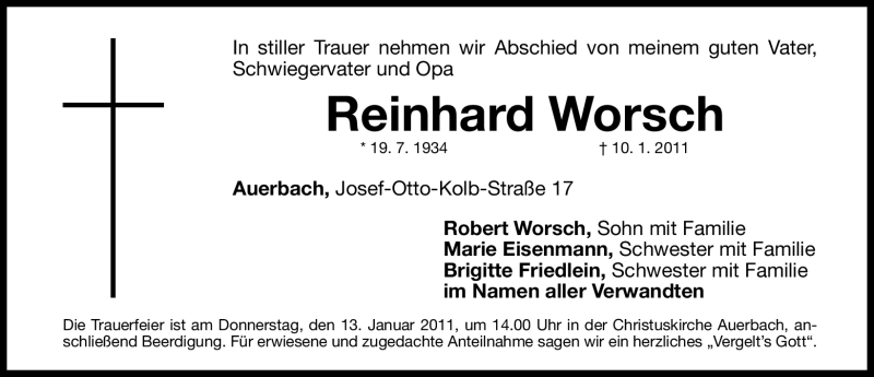  Traueranzeige für Reinhard Worsch vom 12.01.2011 aus Nürnberger Nachrichten