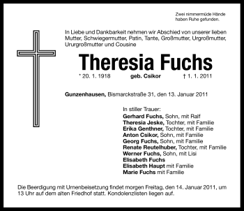 Traueranzeige von Theresia Fuchs von Nürnberger Nachrichten