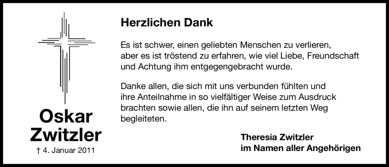  Traueranzeige für Oskar Zwitzler vom 15.01.2011 aus Nürnberger Nachrichten