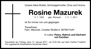 Traueranzeige von Rosine Mazurek von Nürnberger Nachrichten