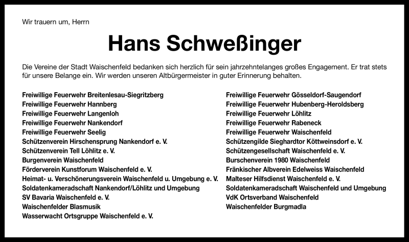  Traueranzeige für Hans Schweßinger vom 12.01.2011 aus Nürnberger Nachrichten