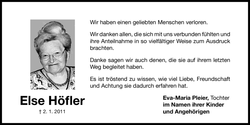  Traueranzeige für Else Höfler vom 15.01.2011 aus Nürnberger Nachrichten
