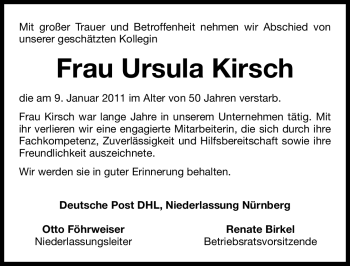 Traueranzeige von Ursula Kirsch von Nürnberger Nachrichten
