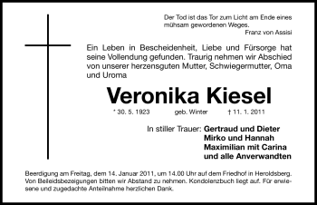 Traueranzeige von Veronika Kiesel von Nürnberger Nachrichten