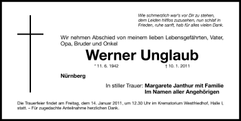 Traueranzeige von Werner Unglaub von Nürnberger Nachrichten