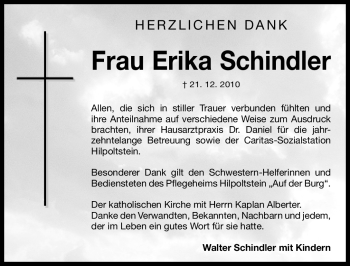 Traueranzeige von Erika Schindler von Nürnberger Nachrichten