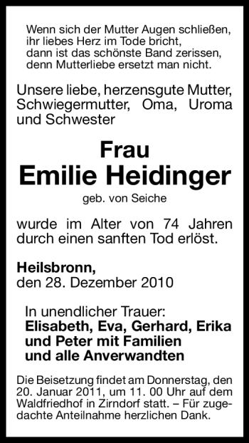 Traueranzeige von Emilie Heidinger von Nürnberger Nachrichten