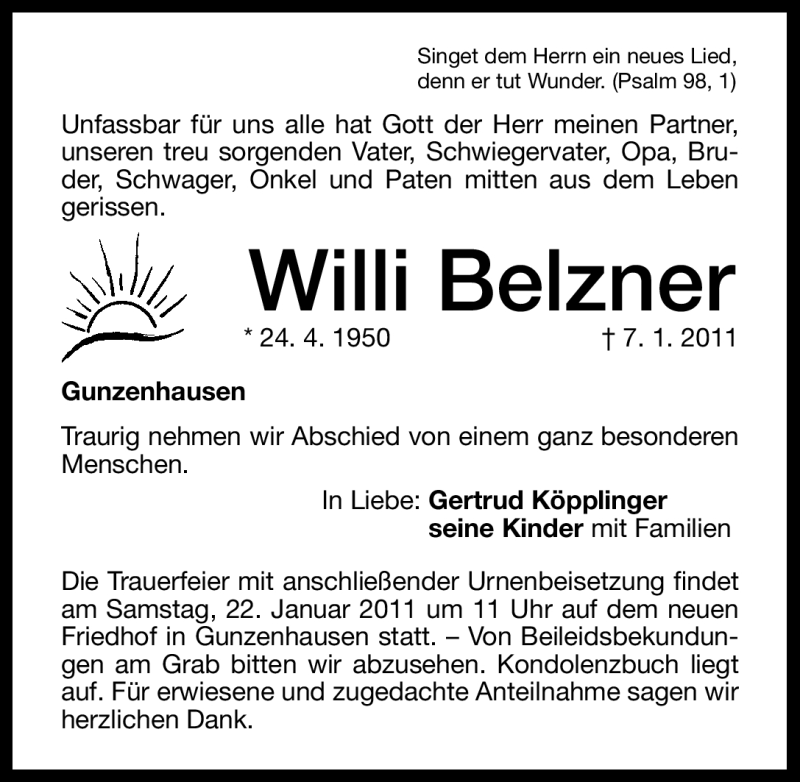  Traueranzeige für Willy Belzner vom 13.01.2011 aus Nürnberger Nachrichten