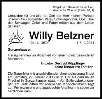 Traueranzeige von Willy Belzner von Nürnberger Nachrichten