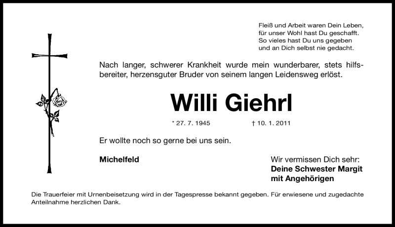  Traueranzeige für Willi Giehrl vom 13.01.2011 aus Nürnberger Nachrichten