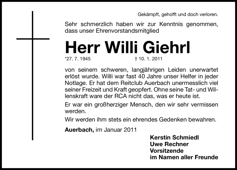  Traueranzeige für Willi Giehrl vom 13.01.2011 aus Nürnberger Nachrichten