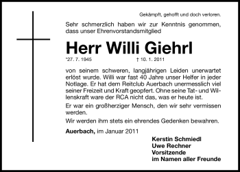 Traueranzeige von Willi Giehrl von Nürnberger Nachrichten