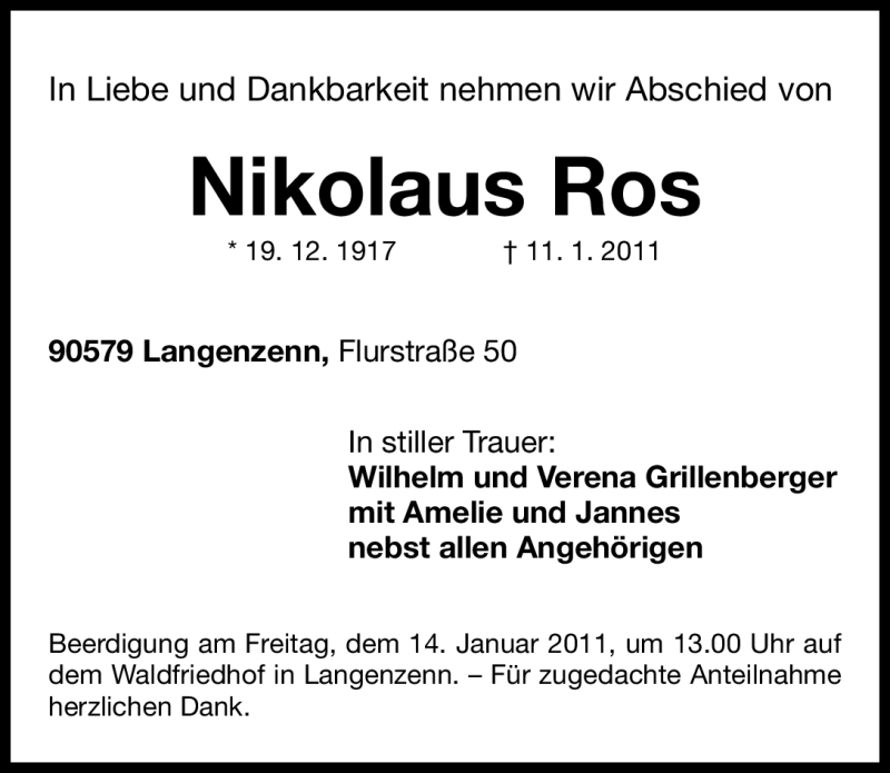  Traueranzeige für Nikolaus Ros vom 13.01.2011 aus Nürnberger Nachrichten
