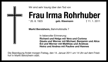 Traueranzeige von Irma Rohrhuber von Nürnberger Nachrichten