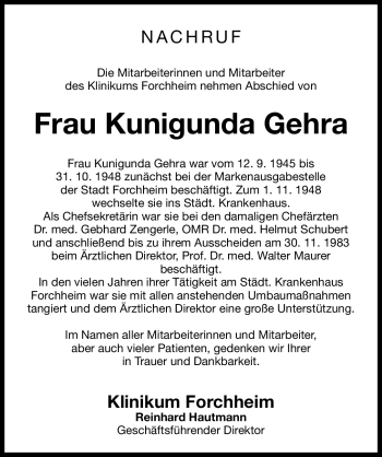Traueranzeige von Kunigunda Gehra von Nürnberger Nachrichten