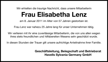 Traueranzeige von Elisabeth Lenz von Nürnberger Nachrichten