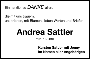 Traueranzeige von Andrea Sattler von Nürnberger Nachrichten