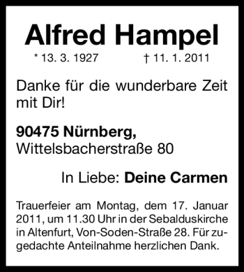 Traueranzeige von Alfred Hampel von Nürnberger Nachrichten