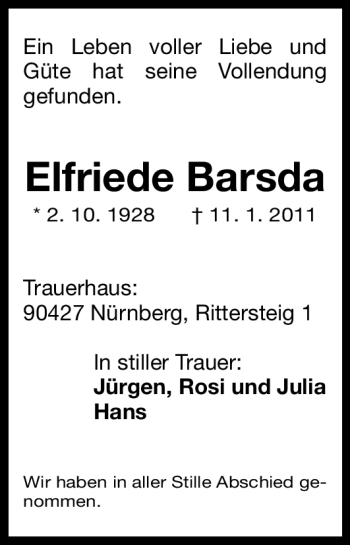 Traueranzeige von Elfriede Barsda von Nürnberger Nachrichten