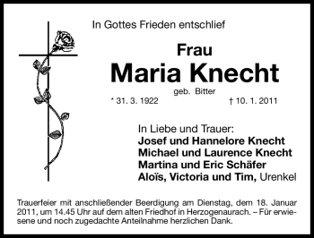 Traueranzeige von Maria Knecht von Nürnberger Nachrichten
