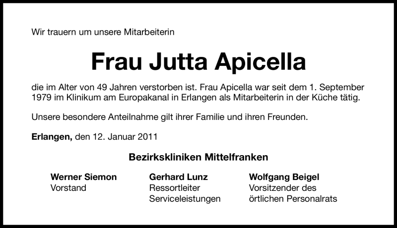  Traueranzeige für Jutta Apicella vom 14.01.2011 aus Nürnberger Nachrichten