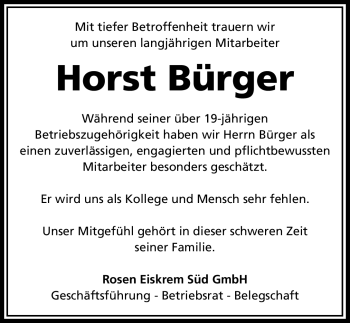 Traueranzeige von Horst Bürger von Nürnberger Nachrichten
